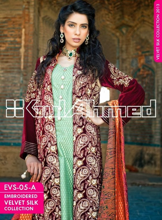 Mens-Women-Wear-Beautiful-Embroidered-Silk-Velvet-Long-Coats-by-Gul-Ahmed-New-Fashion-9
