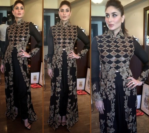 Kareena-Kapoor-Wear-Beautiful-Black-Gold-Churidar-Anarkali-Frock-Dress-by-Designer-Anamika-Khanna-